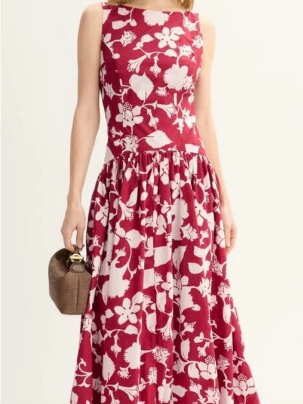 Badgley Mischka Red & White Floral Boatneck Maxi Dress BOAT NECK